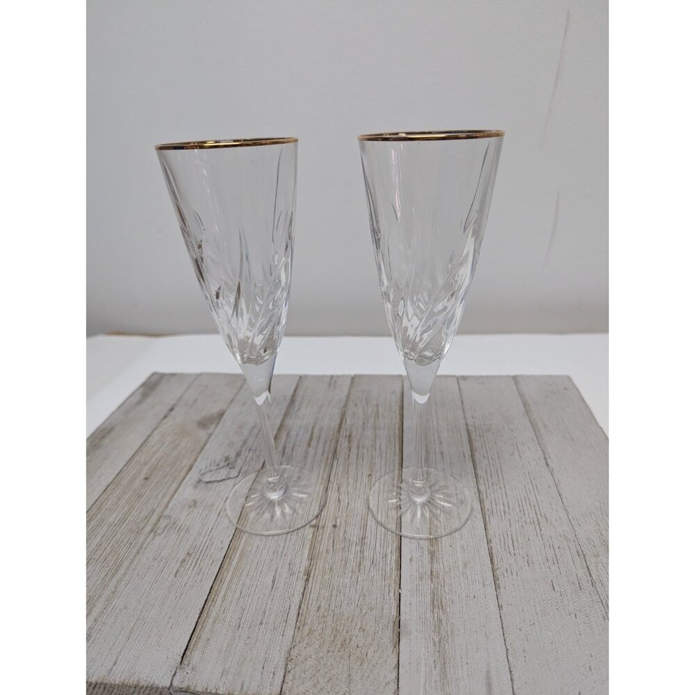 Set Of 2 Cristal D'Arques Cassandra Gold Champagne Goblet Crystal Glasses 8 1/2"